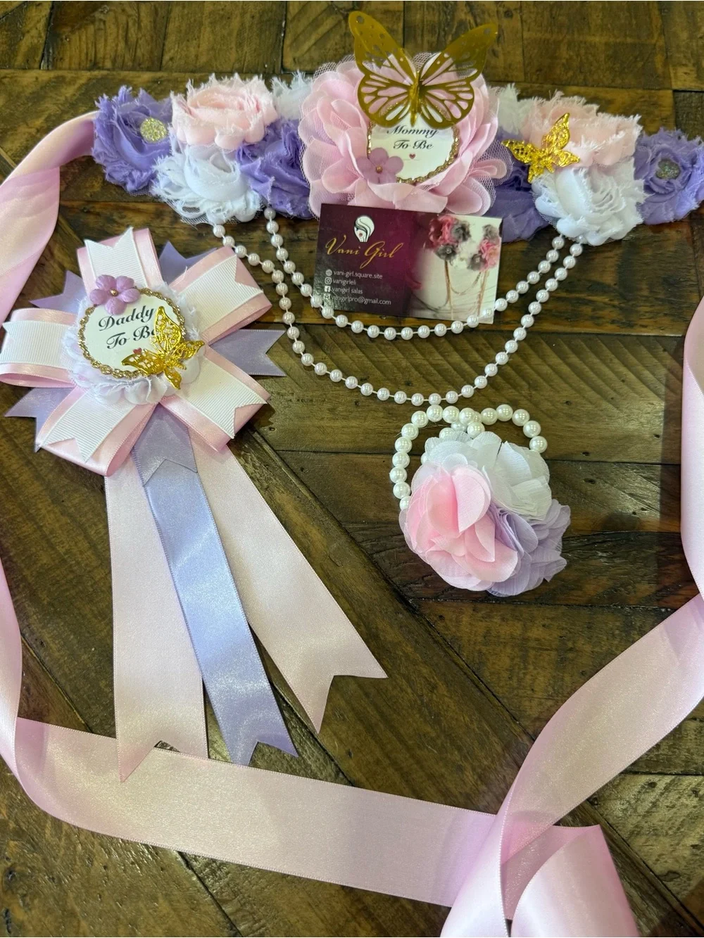 Floral Pink & Lavender Maternity Sash with Pearl Bracelet